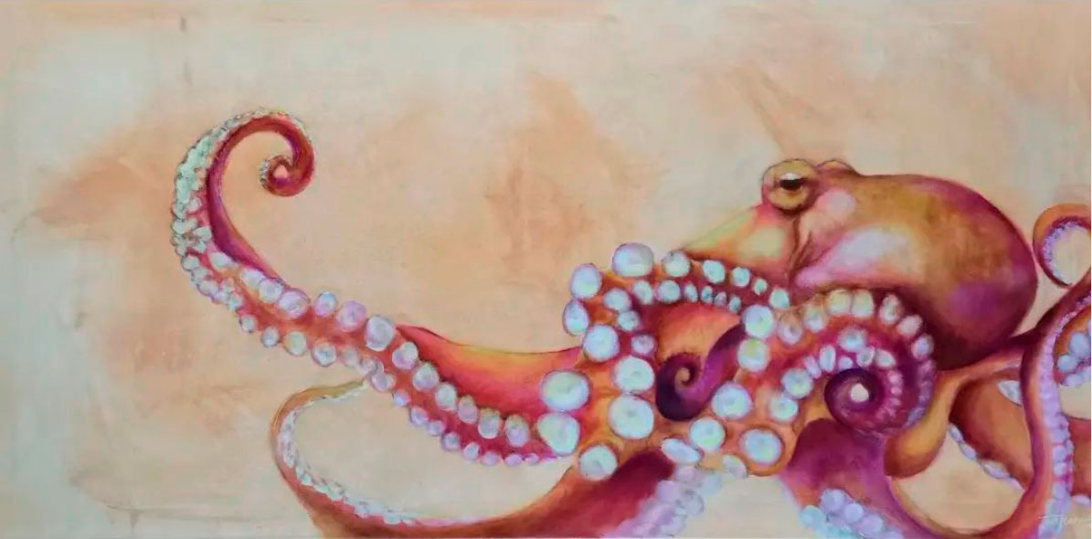 Sunset Octopus, öljy kankaalle